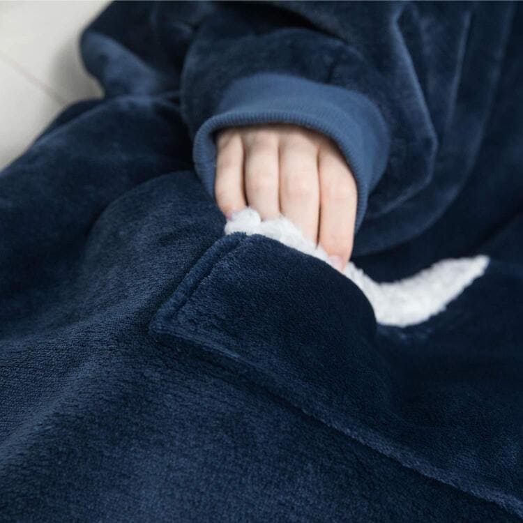 Plush Fleece Hooded Pullover Sweatshirt Blanket with Sleeves - Blue Details