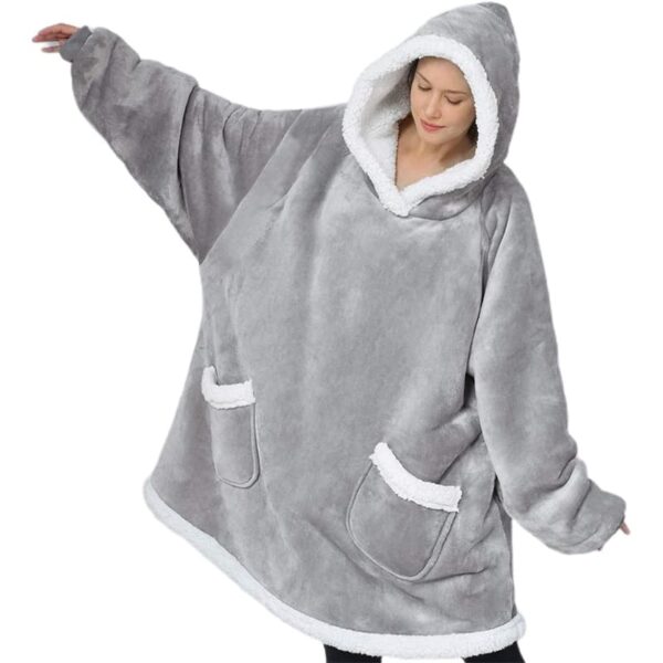 Plush Fleece Hooded Pullover Sweatshirt Blanket with Sleeves - gray handy pocket