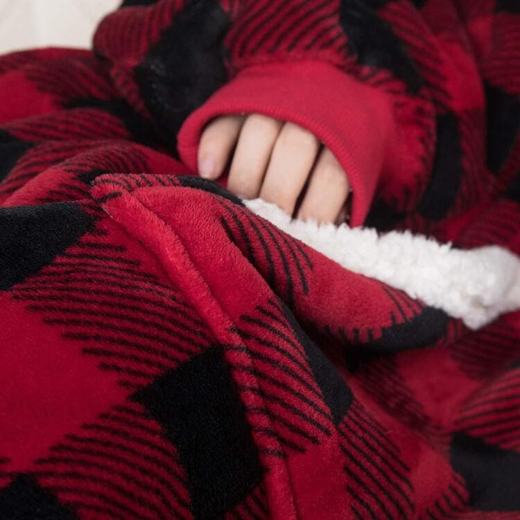 Plush Fleece Hooded Pullover Sweatshirt Blanket with Sleeves - Black and Red Plaid