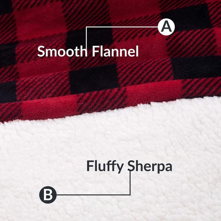 Plush Fleece Hooded Pullover Sweatshirt Blanket with Sleeves - Black and Red Plaid Details