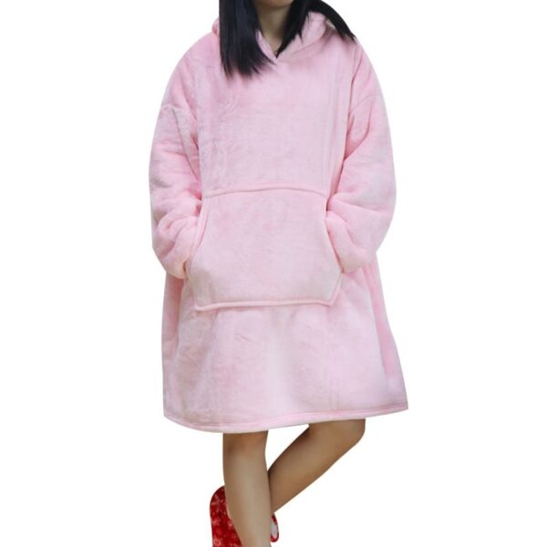 Plush Fleece Hooded Pullover Sweatshirt Blanket with Sleeves - baby pink