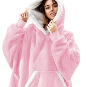 Plush Fleece Hooded Pullover Sweatshirt Blanket with Sleeves - baby pink and white