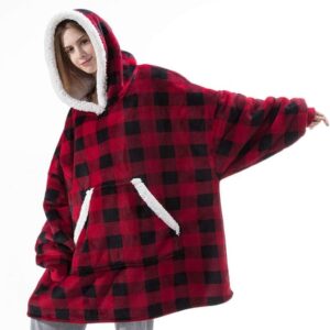 Plush Fleece Hooded Pullover Sweatshirt Blanket with Sleeves - black and white plaid