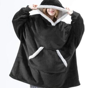 Plush Fleece Hooded Pullover Sweatshirt Blanket with Sleeves - black and white