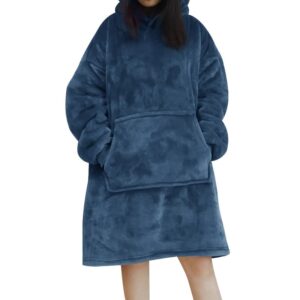 Plush Fleece Hooded Pullover Sweatshirt Blanket with Sleeves - blue