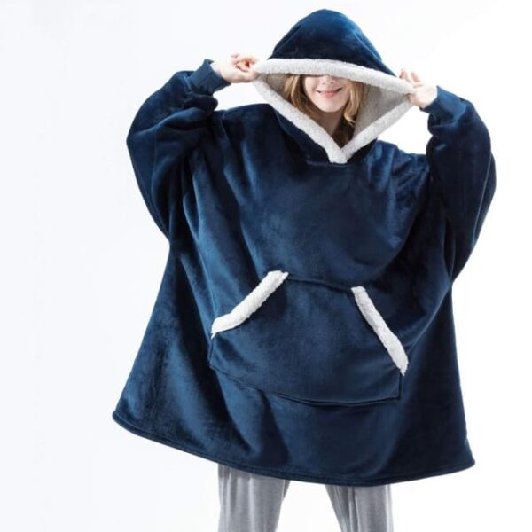 Plush Fleece Hooded Pullover Sweatshirt Blanket with Sleeves - blue and white