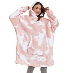 Plush Fleece Hooded Pullover Sweatshirt Blanket with Sleeves - cloudy pink