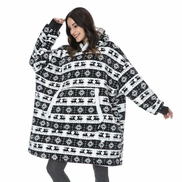 Plush Fleece Hooded Pullover Sweatshirt Blanket with Sleeves - deer black