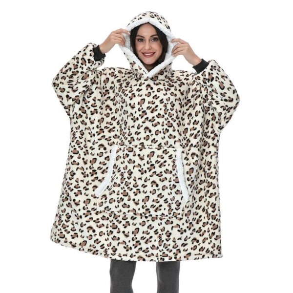 Plush Fleece Hooded Pullover Sweatshirt Blanket with Sleeves - leopard