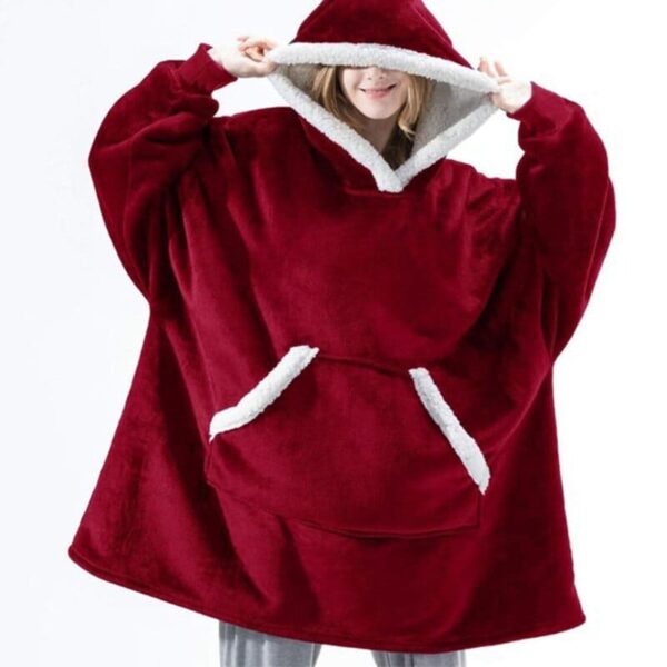 Plush Fleece Hooded Pullover Sweatshirt Blanket with Sleeves - red and white
