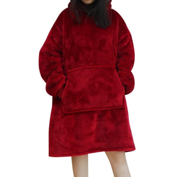 Plush Fleece Hooded Pullover Sweatshirt Blanket with Sleeves - wine red